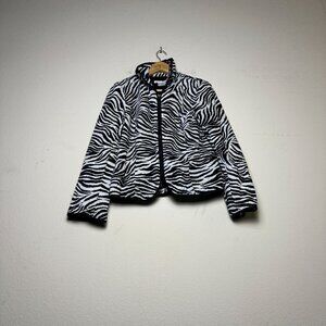 VTG Maggie London Coat Zebra Print Zip Fleece Jacket Women 10 P 90s Black White